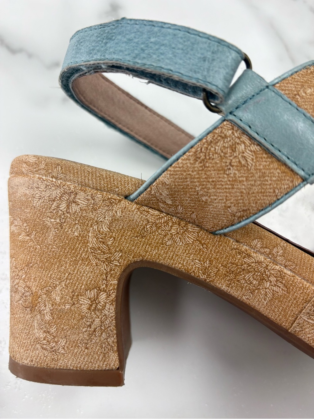 Miz Mooz Dusty Blue Suede Platform Sandals with Tan Floral Print Platform - Picture 6 of 6